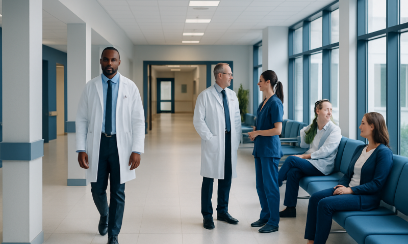 Medical professionals and patients in a hospital corridor.