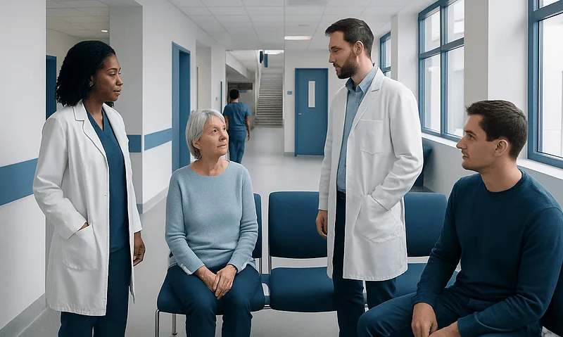 Bowel cancer stool photos: Common Causes, Warning Signs, and When to See a Doctor 4 Medical team consulting with elderly patient in hospital corridor.