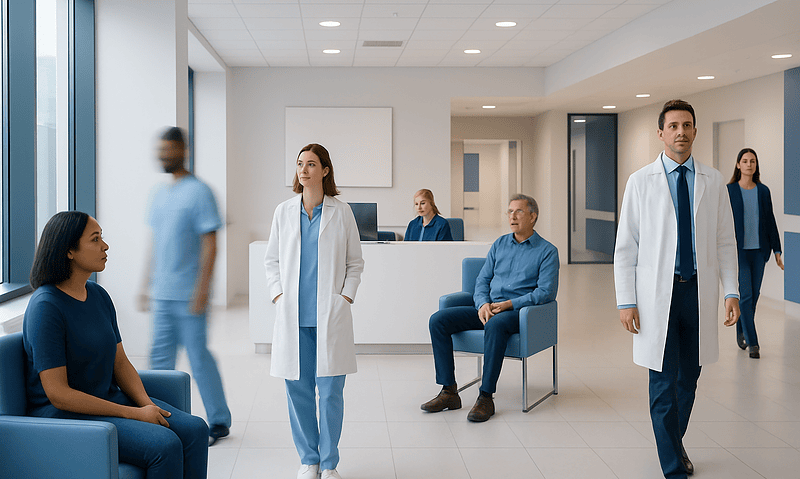 Medical professionals and patients in a modern hospital waiting area.