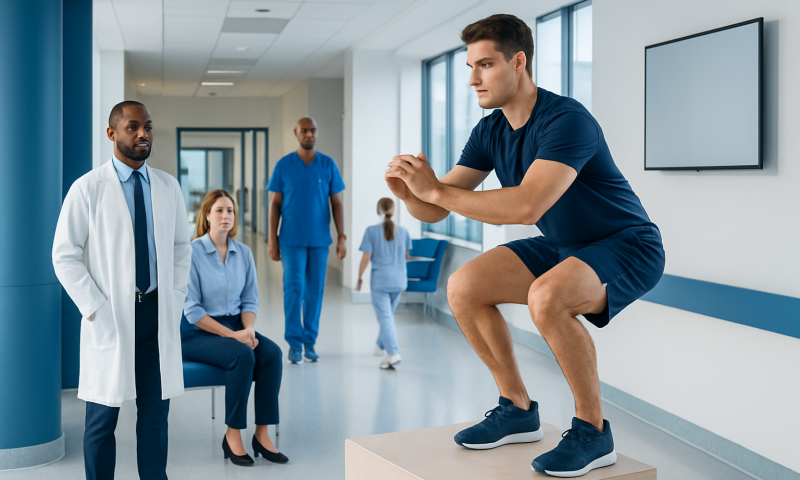 Patient performing box jump exercise in hospital corridor with medical staff observing.