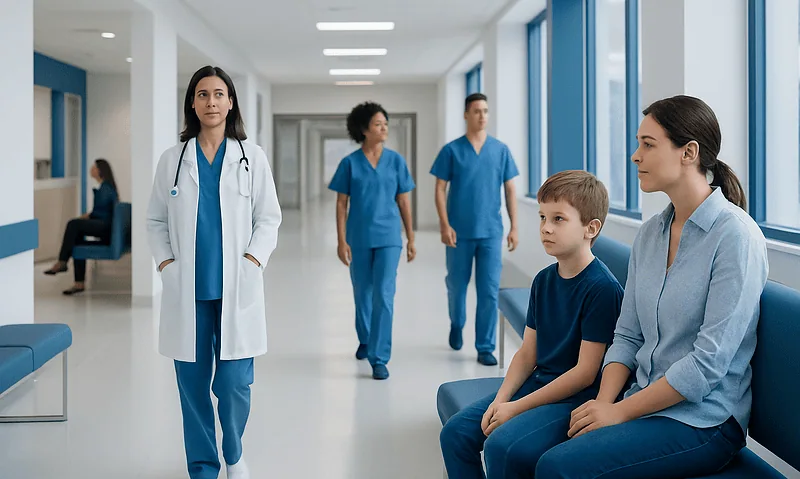 Medical team and patient in hospital corridor at Acibadem Hospitals Group.