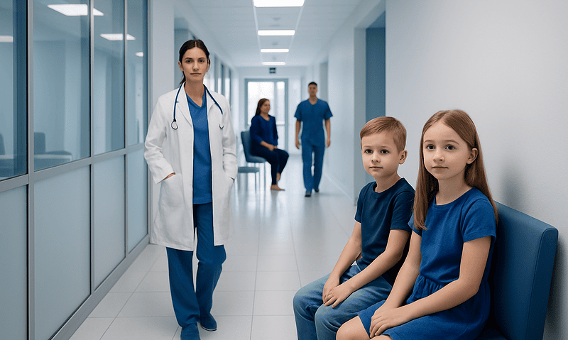 Children in hospital waiting area with medical staff in background.