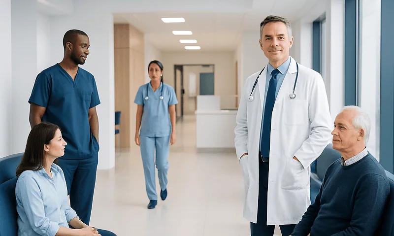 Medical team consulting with patient in hospital corridor.