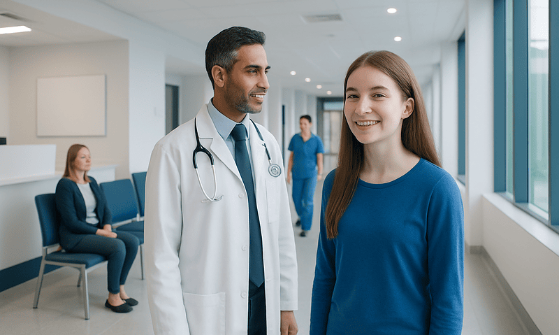 Doctor talking to a young female patient in a hospital corridor.