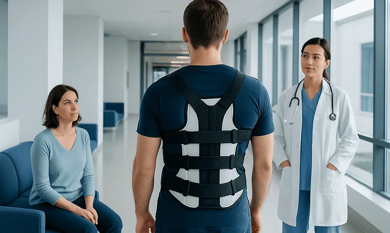Patient with back brace consulting with doctor in hospital corridor.