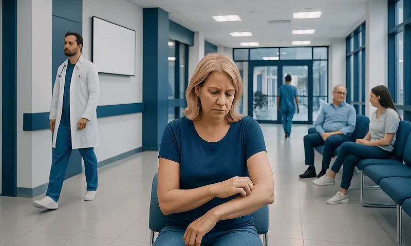 Patient waiting in a hospital corridor with healthcare professionals nearby.