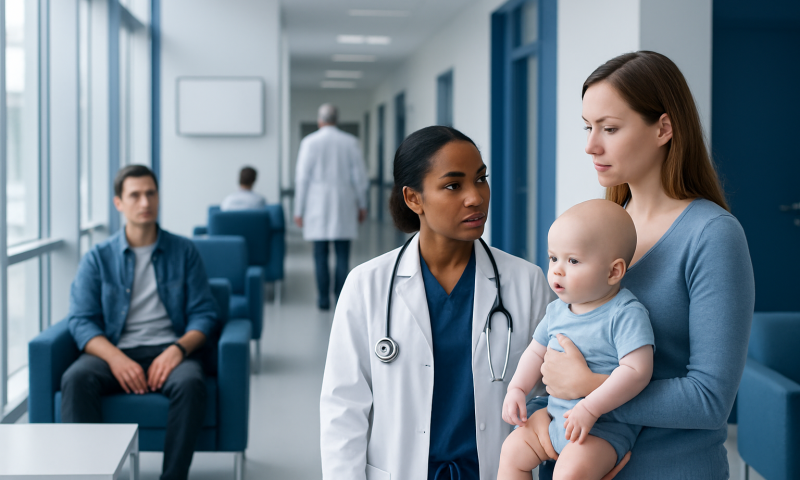 Mother and pediatrician in hospital corridor with child, healthcare setting.