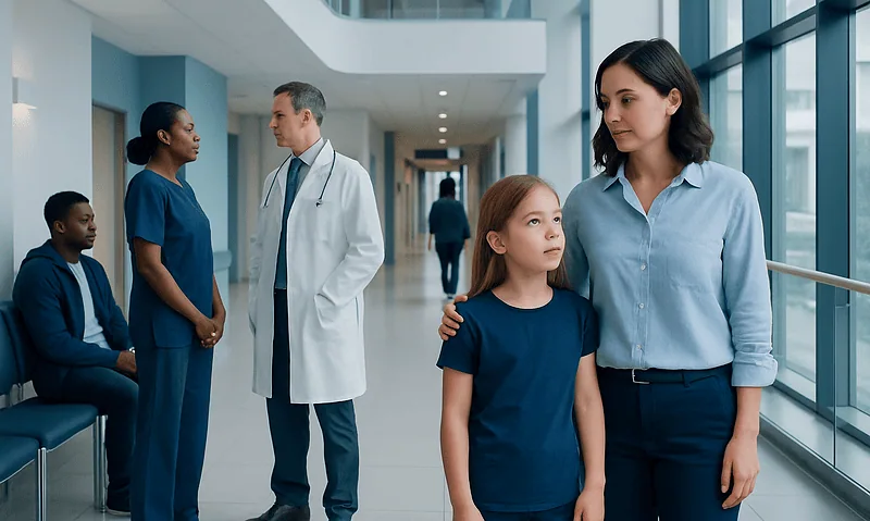 Medical staff and a young girl in a hospital corridor at Acibadem Hospitals Group.