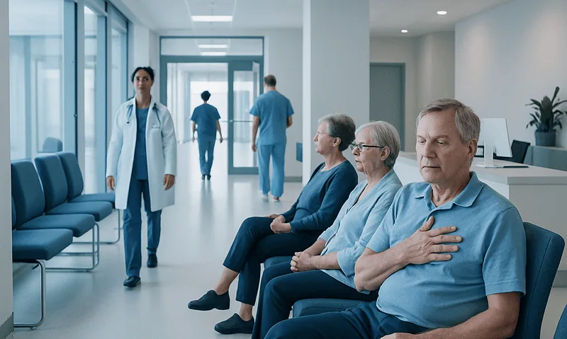 Patients experiencing symptoms in a hospital waiting area with medical staff nearby.