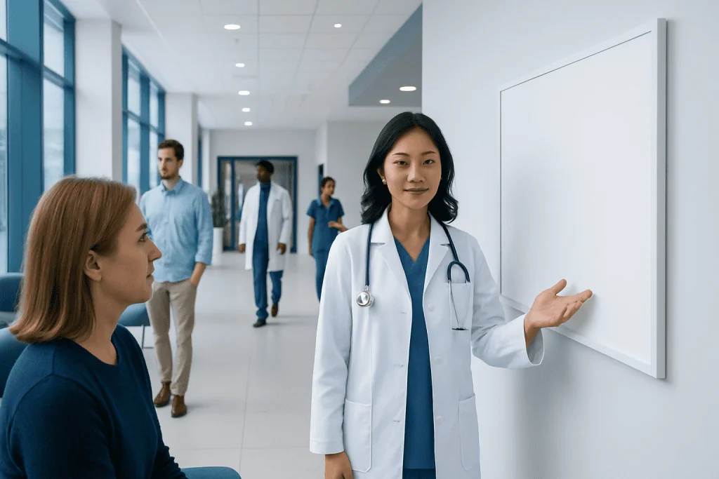 Brain Aneurysm Screening: Who Should Consider Preventive Imaging? 1 Doctor explaining brain aneurysm screening to patient in hospital corridor.