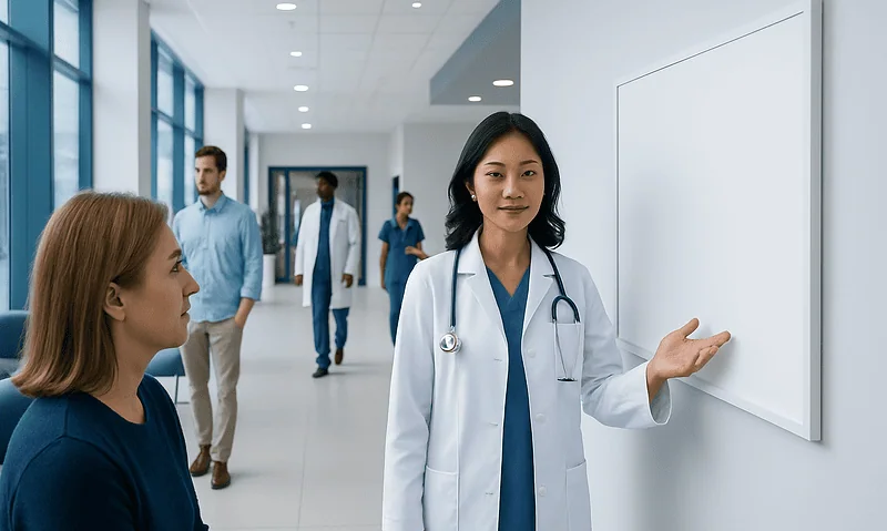 Doctor explaining brain aneurysm screening to patient in hospital corridor.