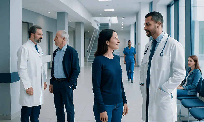 Medical professionals and patients in a hospital corridor at Acibadem Hospitals Group.