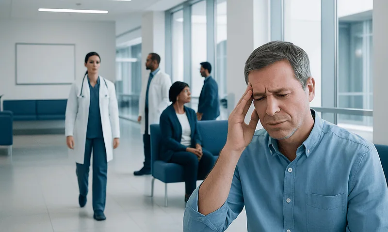 Man experiencing headache in hospital waiting area with medical staff in background.