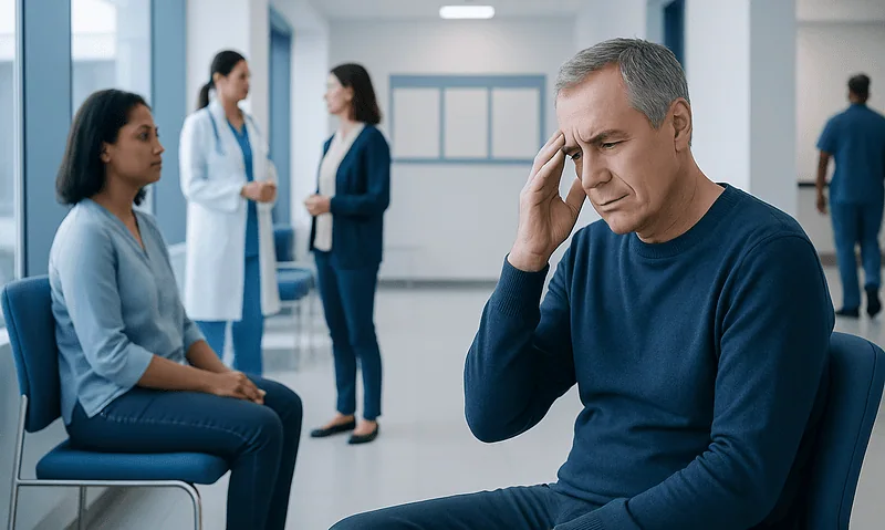 Patient experiencing headache in hospital waiting area with medical staff nearby.
