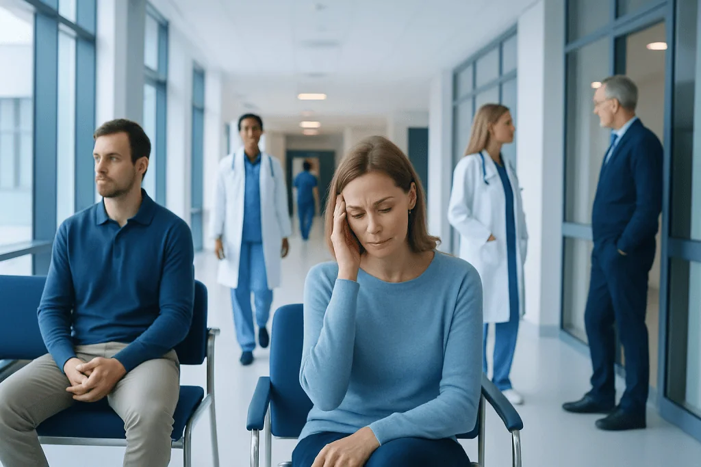 Brain Fog After Illness: When Symptoms Need Medical Evaluation 1 Patient experiencing headache in hospital corridor with medical staff nearby.