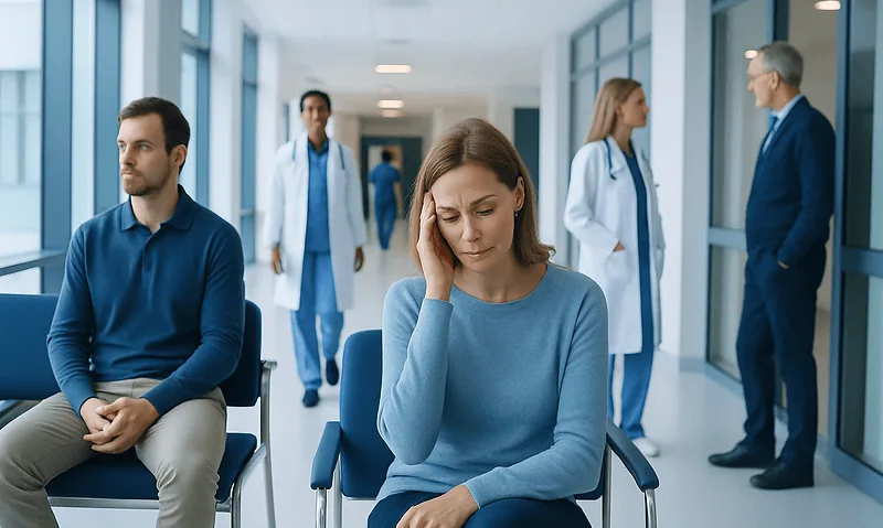 Patient experiencing headache in hospital corridor with medical staff nearby.