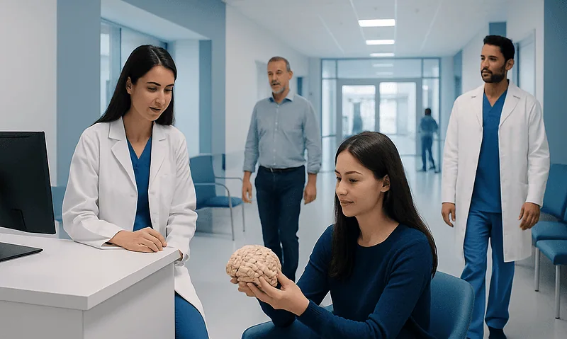 Medical professionals and patient discussing brain model in hospital corridor.