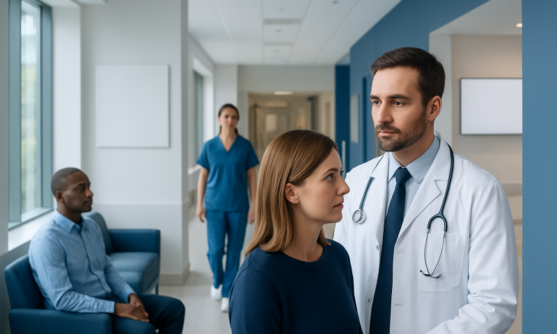 Doctor consulting a patient in a hospital corridor with staff in the background.