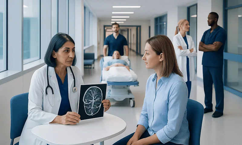 Medical team discussing brain scan in hospital corridor.