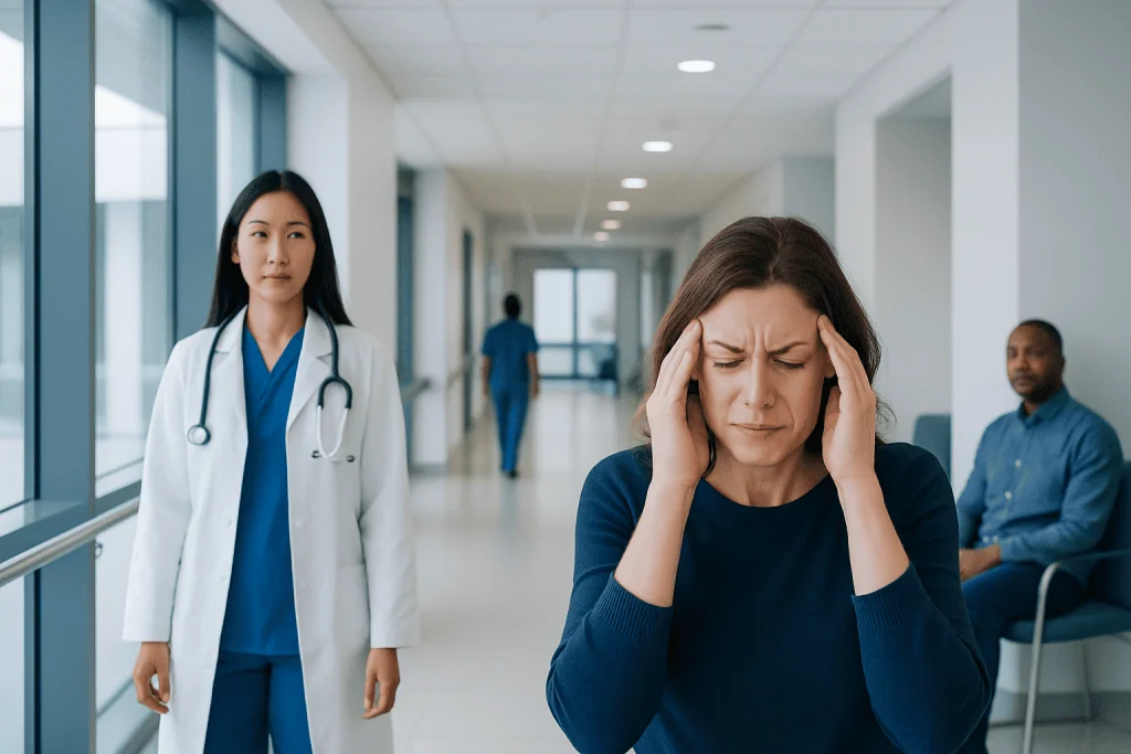 Brain Zaps: What Patients Need to Know 1 Patient experiencing headache in hospital corridor with medical staff nearby.