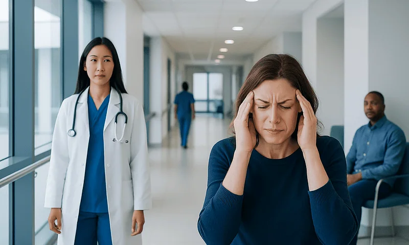 Patient experiencing headache in hospital corridor with medical staff nearby.