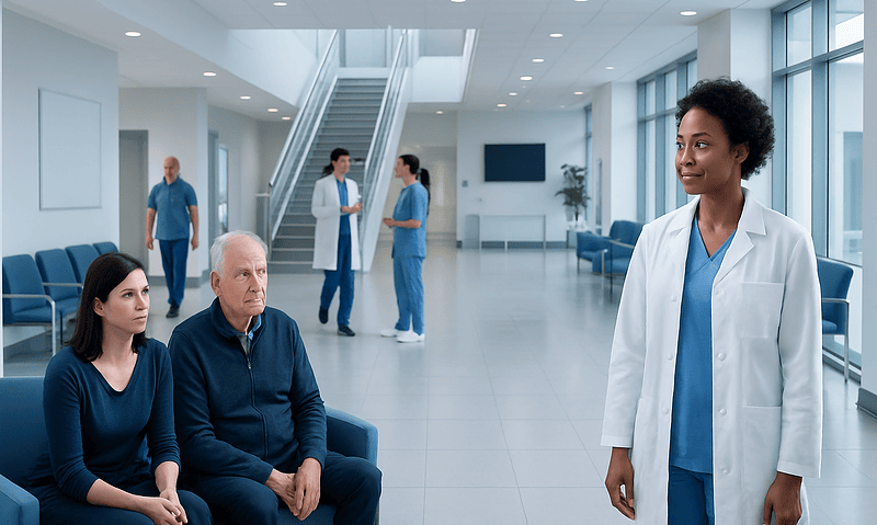 Healthcare professionals and patients in a modern hospital lobby.
