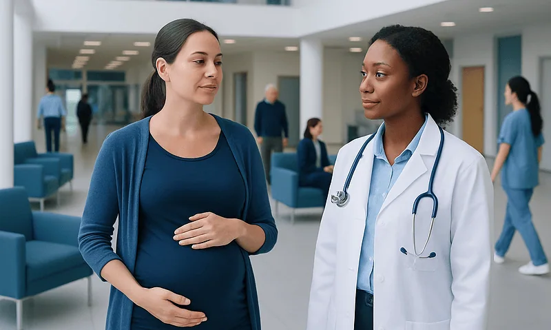 Pregnant woman consulting with a doctor at a hospital.