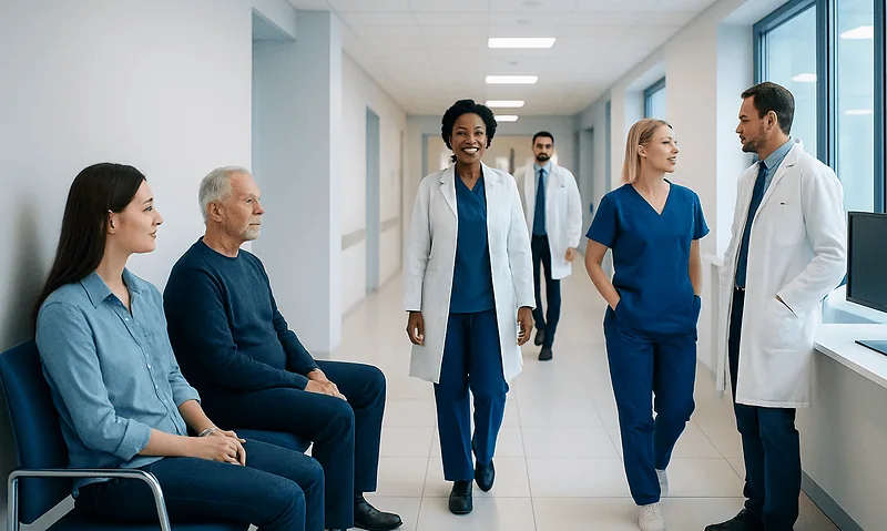 Medical team walking in hospital corridor with patients seated nearby.