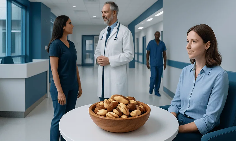 Doctor and nurse discussing in hospital corridor with a bowl of Brazil nuts on table.