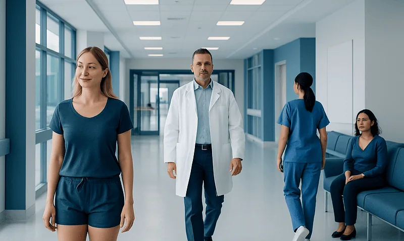 Medical professionals and patients in a modern hospital corridor.