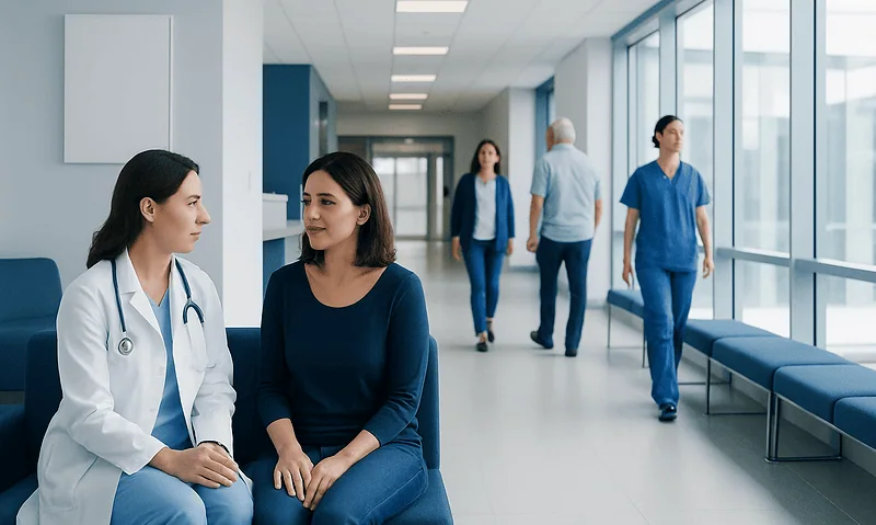 Medical consultation in a modern hospital corridor with healthcare professionals and patients.