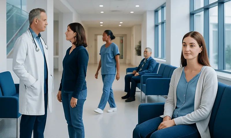 Healthcare professionals and patients in a modern hospital corridor.
