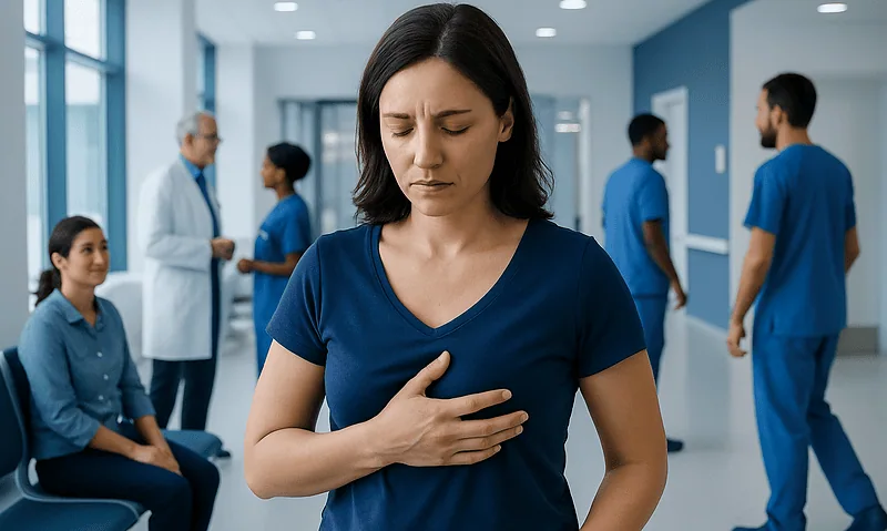 Woman experiencing breast engorgement in a hospital corridor.