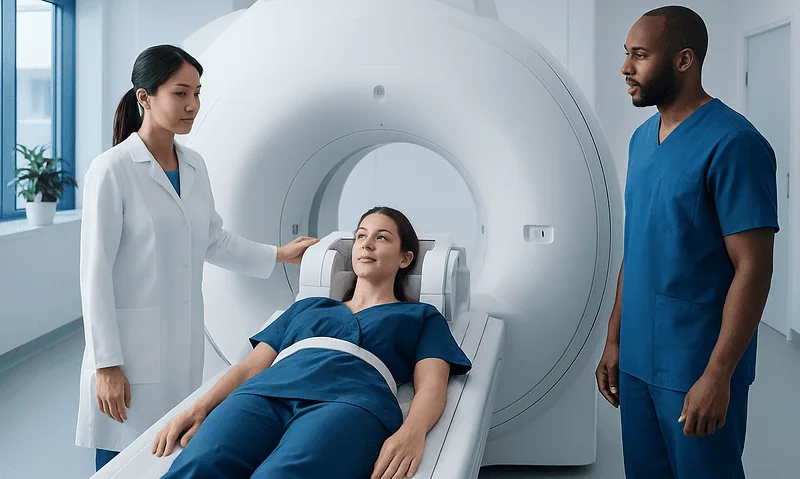 Patient undergoing breast MRI scan with medical staff in a hospital setting.