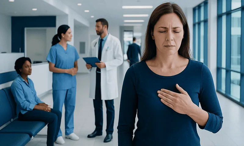 Woman experiencing chest pain in a hospital corridor with medical staff nearby.