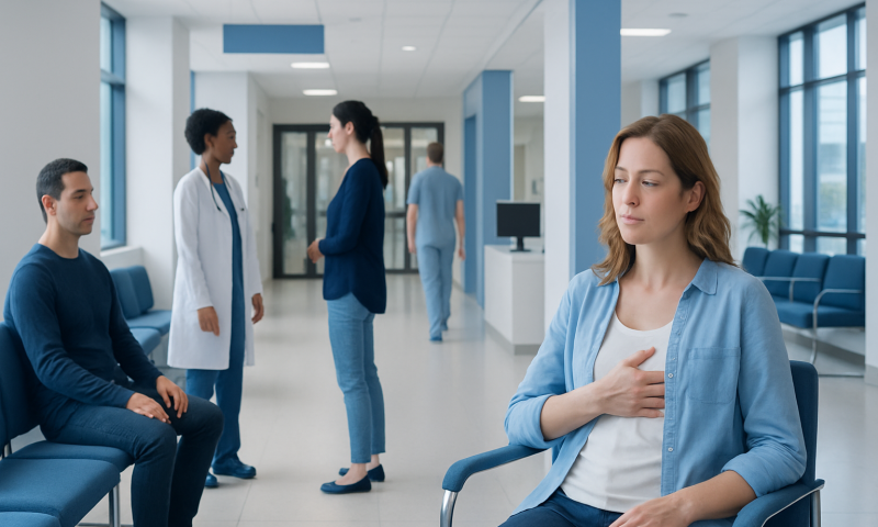 Breast Tenderness Explained: Causes, Management, and When to See a Doctor 3 Woman experiencing breast tenderness in a hospital waiting area.