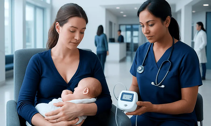Mother breastfeeding her baby during a medical checkup at Acibadem Hospital.