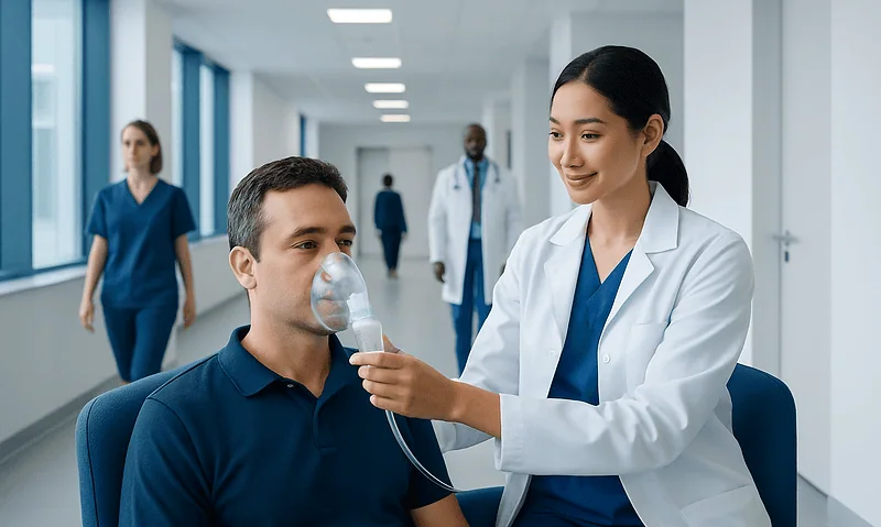 Medical professional administering oxygen therapy to a patient in hospital.