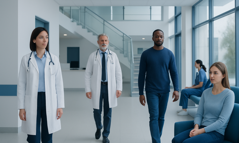Medical team and patient in modern hospital corridor.