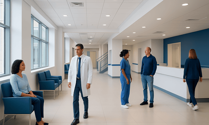 Hospital corridor with medical staff and patient in a modern healthcare facility.