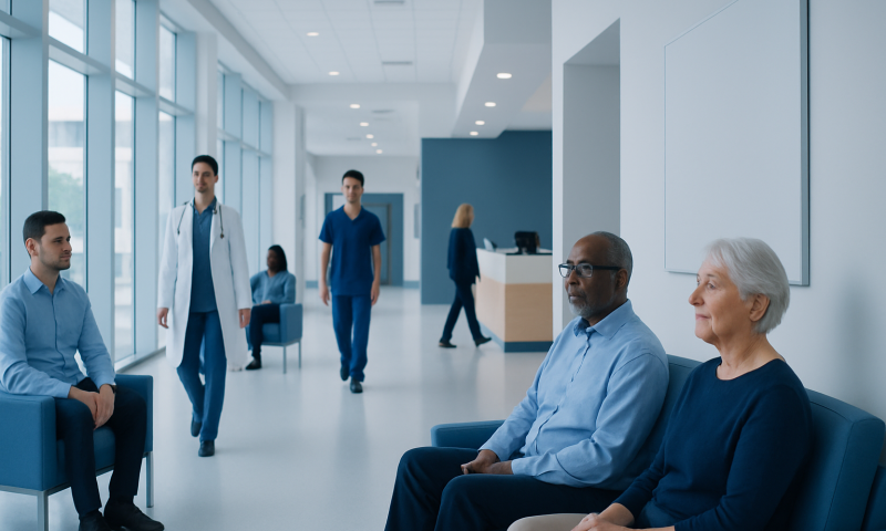 Patients waiting in a modern hospital corridor with medical staff nearby.