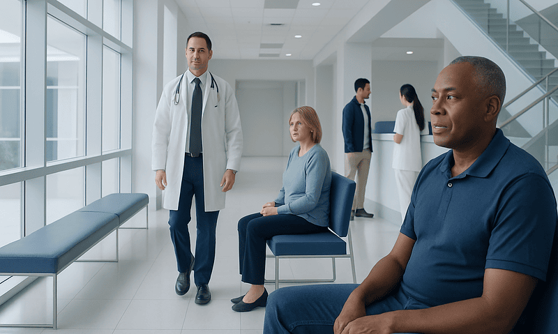 Medical consultation in a modern hospital corridor with diverse patients and doctors.
