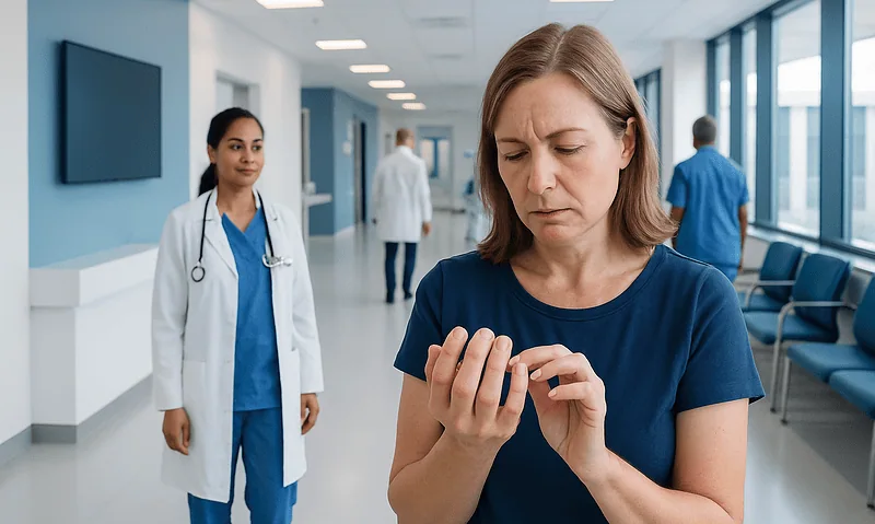Concerned woman examining her fingernail in a hospital corridor.