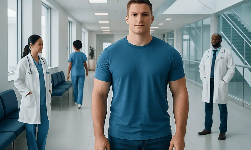 Young male patient in hospital corridor with medical staff in background.
