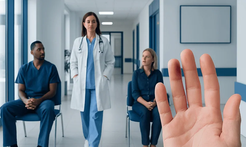 Medical consultation on fingertip blood vessel issues in a hospital corridor.