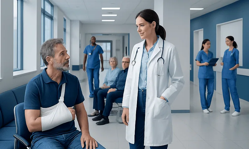 Doctor talking to patient with arm injury in hospital corridor.