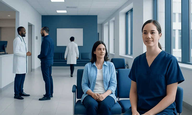 Healthcare professionals and patients in a modern hospital corridor.