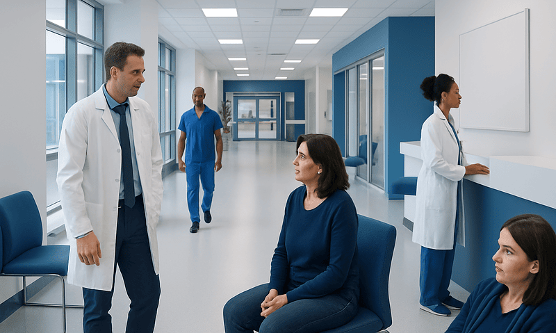 Medical team consulting patients in a modern hospital corridor.