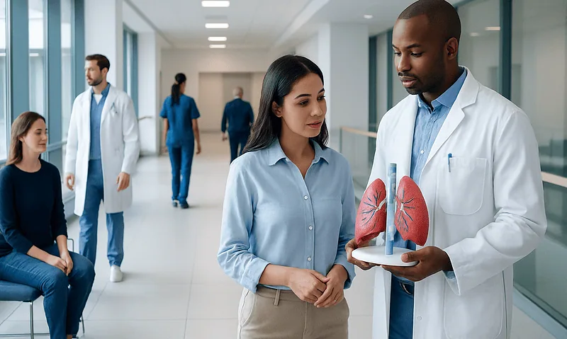 Doctor explaining lung model to patient in hospital corridor.