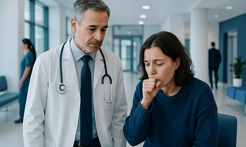 Doctor examining a woman with cough in hospital corridor.